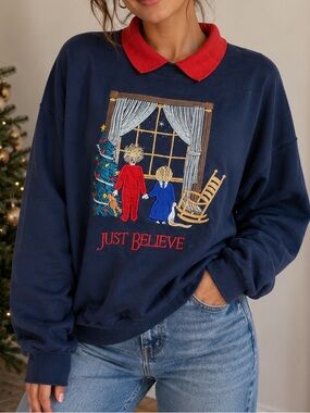 vintage 1990s Brindar "Just Believe" Christmas sweatshirtnavy blue red collar lg